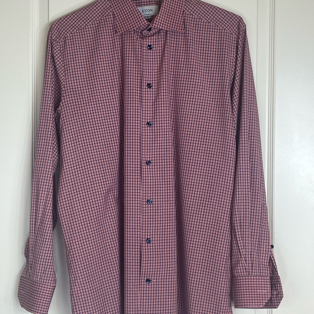 Eton Men's Pink and Navy Micro-Check Button-Down Shirt